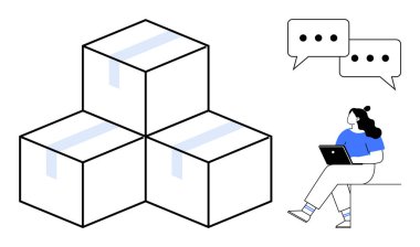 Dizüstü bilgisayarı olan kadın, üç kutunun yanında bant ve konuşma baloncuklarıyla oturuyordu. Lojistik, çevrimiçi alışveriş, e-ticaret, müşteri desteği, dağıtım hizmetleri, evden çalışma için ideal