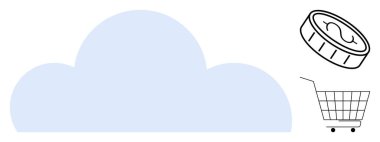 Mavili bulutlar, bozuk para ve alışveriş arabası görüntüsü. Çevrimiçi alışveriş, finansal işlemler, dijital para birimi, bulut depolama ve teknoloji hizmetleri için ideal. Temiz vektör, minimalist biçim