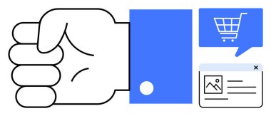 Elini bir yumruğa sıkıştırmış, mavi kollu, alışveriş arabası konuşma balonu, web sayfası ikonu. İş stratejisi, kararlılık, e-ticaret, pazarlama, web tasarımı, online alışveriş, markalaşma için ideal. Çizgi