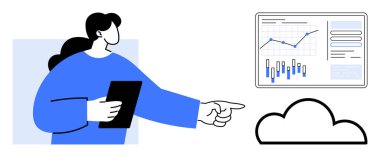 Bir tablet tutan ve ekrandaki veri paneline işaret eden bir kadın, altında bir bulut simgesi var. Veri analizi, bulut hesaplama, iş stratejisi, teknoloji hizmetleri, iş akışı yönetimi için ideal