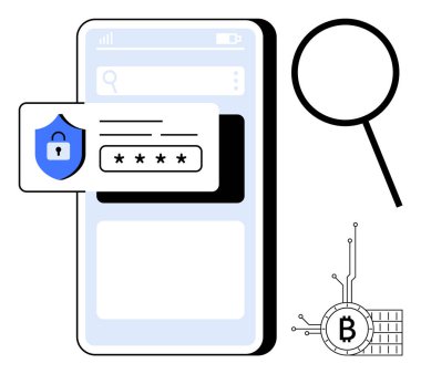 Güvenlik kalkanı olan cep telefonu şifre girdisi, büyüteç sembolü ve dijital Bitcoin ikonu. Siber güvenlik, kripto para birimi, dijital cüzdanlar, mobil güvenlik için ideal