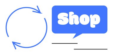 Konuşma balonunun içinde dairesel oklar ve Dükkan metni. Ecommerce, alışveriş, müşteri hizmetleri, çevrimiçi mağazalar ve perakende için ideal. Sürekli alışverişe odaklanan, mavi ve siyah renklerle temiz stil