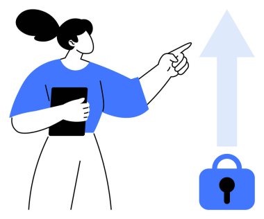 Tableti tutan bir kadın yukarı doğru büyük bir oku işaret ediyor. Bir kilit simgesi okun altında gösterilir, güvenlik veya gizlilik simgesi olarak. Teknoloji, güvenlik, mahremiyet ve veri koruması için ideal