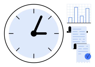 Bar çizelgesi olan büyük bir saat ve işaretli uzun bir makbuz. Zaman yönetimi, verimlilik, iş planlaması, verimlilik, finansal takip için ideal. Minimalist vektör biçimi beyaz mavi