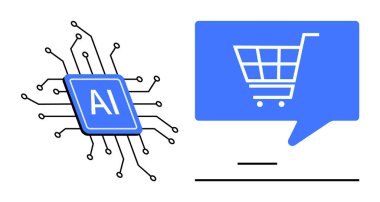 Yapay zeka çipi, bir konuşma balonunun içindeki alışveriş arabası ikonunun yanındaki devre hatlarına bağlı. AI teknolojisi, e-ticaret, çevrimiçi alışveriş, dijital pazarlama, yenilik, perakende teknoloji ve müşteri için ideal
