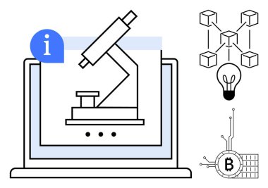 Laptop with microscope symbolizes research and innovation. Blockchain diagram, light bulb and Bitcoin icon highlight data analysis and cryptocurrency ideas. Ideal for blockchain, cryptocurrency clipart