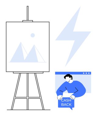 Geometrik şekilli çizim tahtası üçgenler ve sehpada ay, elinde Cash Back işareti olan bir kişi ve bir yıldırım sembolü. Yaratıcılık, promosyonlar, enerji, finans ve eğitim için ideal. Basit.