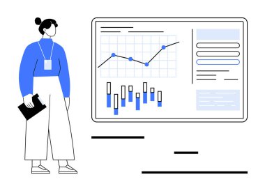 Bir pano tutan iş kadını, geniş ekranda bir çizgi ve çubuk grafiğini analiz ediyor. İş sunumları için ideal, veri analizi, ofis işi, kurumsal eğitim, proje yönetimi, veri