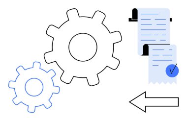 İki farklı boyutta iki vites, bir işaretli iki belgenin yanında ve solu işaret eden bir ok. Takım çalışması, proje yönetimi, iş süreçleri, iş akışı ve verimlilik temaları için ideal. Basit.