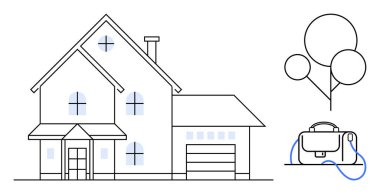 Birden fazla penceresi ve garajı olan modern bir banliyö evi ağaçlı ön bahçe ve sırt çantası. Gayrimenkul, mimarlık, ev sahipliği, kentsel planlama, seyahat, minimal tasarım için ideal
