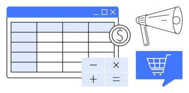 Dolar sembollü hesap çizelgesi, aritmetik sembollü hesap makinesi, megafon ve alışveriş arabası ikonu. Finans, e-ticaret, pazarlama, muhasebe, analitik, bütçe ve perakende için ideal. Çizgi