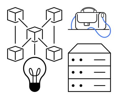 Birbirine bağlı küpleri olan engelleme zinciri, parlayan bir ampul, kayışlı bir çanta ve üç çekmeceli bir sunucu ünitesi. Teknoloji için ideal, ticari yenilik, veri depolama, engelleme zinciri