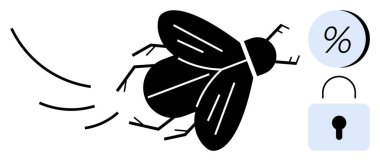 Siyah uçan böcek, yüzdelik sembollü büyük daire ve kilit simgesi. Finans, siber güvenlik, tasarruf, risk yönetimi, böcek biyolojisi, veri koruması, güvenlik planlaması için ideal. Satır metaforu