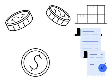 Bozuk paralar ve istiflenmiş kutular uzun bir makbuzla mali işlemleri ve envanter yönetimini akla getiriyor. E-ticaret, perakende, işletme yönetimi, finans ve lojistik için ideal. Minimalist vektör biçimi