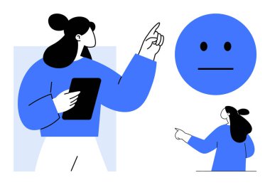 Elinde tablet tutan ve işaret eden bir jest yapan bir kişi. Arkaplanda mavi tarafsız bir yüz ifadesi olan biri. Eğitim, iletişim, talimatlar, teknoloji, dijital öğrenme için ideal. Minimalist