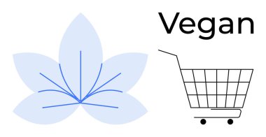 Beş yapraklı mavi yaprak ve kesişen ince çizgiler minimalist bir alışveriş arabası ve vegan metnin yanında. Sağlıklı beslenmek için ideal bitkisel yaşam tarzı etik tüketicilik çevre dostu