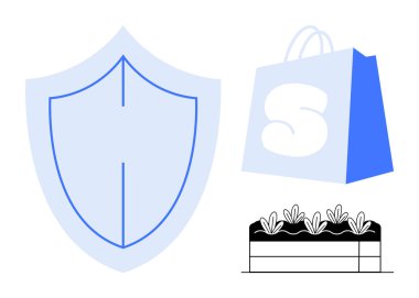 Blue and white shield symbol, a blue and white shopping bag with a large S, and a black and white garden bed with plants. Ideal for security, shopping, sustainability, gardening, minimalistic design clipart