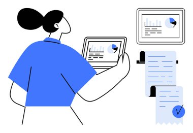 Bir kişi dizüstü bilgisayardaki dijital raporları analiz ediyor ve grafikler ve çizelgeler ile izliyor. Tahtaya bir kontrol listesi asılmış. İş analizi veri yönetimi finansal raporlama projesi için ideal
