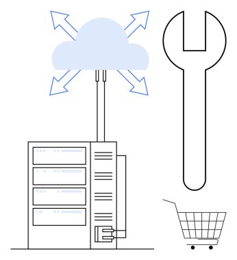 Depoya bağlı bulut sunucusu, bakımı sembolize eden büyük anahtar ve alışveriş arabası. Bulut bilgisayarı, veri yönetimi, e-ticaret, bilişim desteği ve çevrimiçi alışveriş için ideal. Minimalist vektör