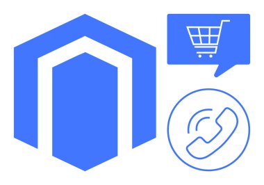 Alışveriş arabasının konuşma baloncuğu, telefon görüşmesi ikonu ve altıgen şirket logosu dahil iş teknolojileri platformu. Teknoloji girişimleri, müşteri hizmetleri, perakende, dijital pazarlama, iletişim araçları için ideal
