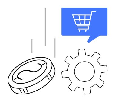 Bozuk para vitesin yanına düşüyor ve mavi konuşma balonunda alışveriş arabası sembolü var. E-ticaret, çevrimiçi alışveriş, dijital ödeme, perakende yönetimi, finans teknolojisi, iş operasyonları için ideal