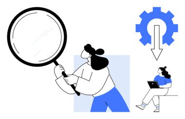 Elinde büyüteç tutan bir kadın, aşağı doğru ok atarak ayarları veya optimizasyonu gösteren bir dişli ve dizüstü bilgisayarla oturan bir kadın. Araştırma, teknoloji, analiz, yönetim için ideal