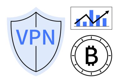 VPN metin, Bitcoin sembolü ve yukarı ok ve çubuklu büyüme grafiği olan VPN kalkanı. Çevrimiçi güvenlik, kripto para ticareti, veri gizliliği, İnternet özgürlüğü, mali büyüme için ideal