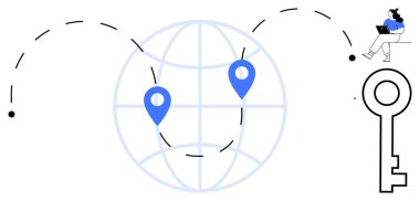 Küresel haritaya bağlı dizüstü bilgisayarı olan mavi işaretli ve büyük anahtarlı bir kadın. Uzak çalışma, dijital pazarlama, iş stratejisi, küreselleşme, teknoloji, yenilik, iletişim için ideal