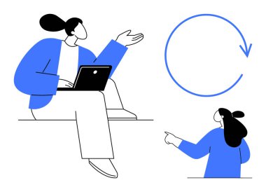 Dizüstü bilgisayar kullanan biri, kolunu kaldırmış, sanki bir şey konuşuyor ya da açıklıyormuş gibi. Başka bir görüntü ise onları dönen bir oku işaret ederken gösteriyor. Üretkenlik, dijital çalışma, sunumlar, tartışmalar için ideal