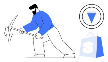 Elinde alışveriş çantası ve amblem sembolü olan bir kazma kullanan adam. E-ticaret teknolojisi, ticari yenilik, dijital pazarlama, çevrimiçi alışveriş ve üretkenlik kavramları için ideal. Minimalist