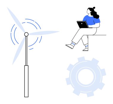 Laptopta çalışan kişinin yanında rüzgar türbini, dişli tekerlek elementi de dahil. Yenilenebilir enerji, teknoloji, uzaktan çalışma, sürdürülebilirlik, yeşil teknoloji, mühendislik, teknolojik yenilik için ideal. Çizgi