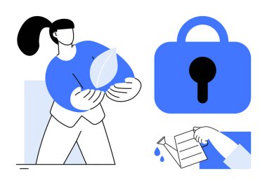 Yaprak tutan bir kadın, su döken bir teneke kutu ve bir asma kilit sembolü. Büyüme, güvenlik, ekolojik farkındalık, yetiştirme ve çevre koruma için idealdir. Minimalist düz biçim