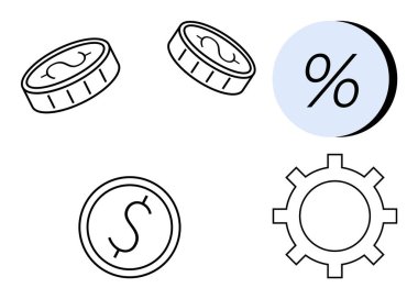 Madeni paralar, yüzde sembolleri ve mali işlemleri, faiz oranlarını ve ekonomik mekanizmaları sembolize eden vites simgeleri. Finans, bankacılık, yatırım, ekonomi, iş stratejisi ve muhasebe için ideal