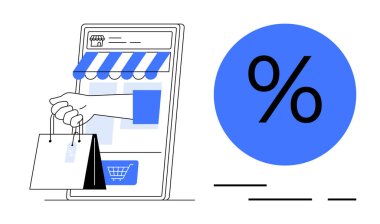 Alış veriş uygulamalı akıllı telefon, alışveriş torbaları, büyük yüzdelik sembol. E-ticaret, satış promosyonu, mobil alışveriş, indirimler, çevrimiçi mağaza grafikleri, pazarlama kampanyaları için ideal