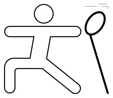 Kolları ve bacakları açık, kafasında badminton raketi olan bir çöp adam. Spor, spor, spor, eğlence, badminton promosyon sağlık, aktivite planlaması, çocuk kitapları için ideal. Satır metaforu