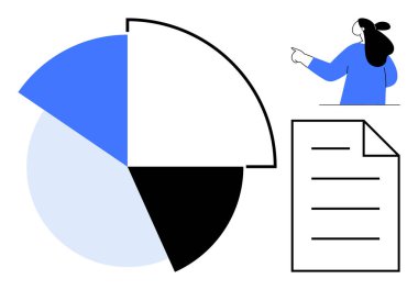 Pasta grafiğini ve çizgileri olan bir belgeyi gösteren bir kadın. Veri analizi, iş raporları, sunumlar, istatistikler ve eğitim materyalleri için ideal. Basit modern biçim