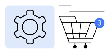 Üç tebligatlı bir alışveriş arabasının yanında vites sembolü. E-ticaret, online alışveriş, sepet ayarları, uygulama bildirimleri, pazarlama, kullanıcı deneyimi, dijital ticaret için ideal. Satır metaforu