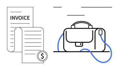 Evrak çantasının yanında dolar sembolü olan fatura. İş, finans, muhasebe, fatura, profesyonel yönetim, ofis işleri ve girişimcilik için idealdir. Satır metaforu