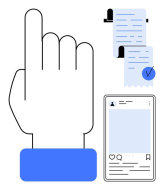 Bir el, bir kaydırma işaretinin ve mobil ekranda gösterilen sosyal medya iletisinin yanında yukarı doğru uzanır. Dijital etkileşim için ideal, sosyal medya bağlantısı, kullanıcı onayı süreçleri, çevrimiçi içerik