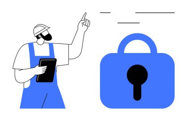 A construction worker with a beard, hard hat, and blue overalls holding a digital tablet points upwards beside a large blue security lock. Ideal for security, construction, safety, technology, data