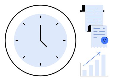 Büyük bir saat, yükselen eğilimli bir bar tablosu ve mavi ve beyaz modern tarz sanat eserlerinde işaretli fişler. Zaman yönetimi, mali planlama, üretkenlik, denetim, muhasebe için ideal