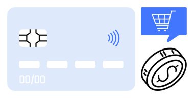 Kredi kartında fiş, iletişim sinyali, alışveriş arabası ikonu ve dolar işareti olan para. E-ticaret, dijital ödemeler, mali işlemler, çevrimiçi alışveriş, bankacılık, fintech