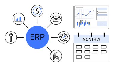Merkezi ERP merkezi büyüme, dolar işareti, kullanıcı grubu, dişli, anahtar ve otomasyon simgelerine bağlanır. Grafik ve aylık takvim dahil. Ticari yönetim, veri analizi, finans, HR, bilişim için ideal