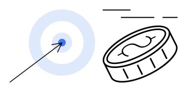 Oklu hedef ve para ikonu hedefleri, başarıyı ve stratejiyi sembolize eder. İş sunumları, finans hizmetleri, yatırım rehberleri, stratejik planlama, pazarlama materyalleri, fintech
