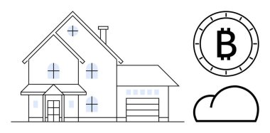 Garajlı modern ev, bulut sembolü ve gayri menkul ve dijital yeniliğin karışımını temsil eden Bitcoin madeni para. Akıllı evler, emlak yatırımları, dijital para birimi, bulut gibi konular için ideal