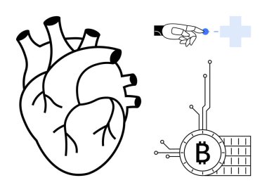 Atardamarlı insan kalbi, hap ya da mikroçipli el, devreli Bitcoin sembolü. Sağlık, biyoteknoloji, kripto para birimi, tıbbi teknoloji ve dijital sağlık için ideal. Modern teknoloji tarzı