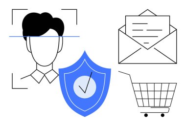 Taranan bir kişinin yüzü, bir e-posta zarfı, işaretli bir kalkan ve alışveriş arabası. Çevrimiçi kimlik doğrulama, e-posta güvenliği, çevrimiçi alışveriş güvenliği ve dijital için ideal