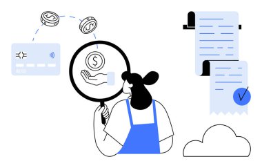 Elinde büyüteç tutan bir kadın, elinde para olan bir elin finansal sembolünü ödeme ikonları ve kontrol listesi ile karşılaştırıyor. Finansal analiz, bütçe, muhasebe, bankacılık için ideal