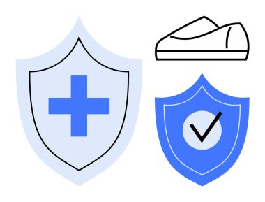 Mavi haçlı sağlık kalkanı, işaretli onay kalkanı, güvenlik konsepti için ayakkabı çizgisi. Sağlık, güvenlik, onay süreçleri, sağlık uygulamaları, sağlık hizmetleri, ayak bakımı için ideal