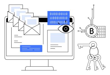 Bilgisayar ekranında e-postalar, ikili kod, bir göz sembolü ve Bitcoin logosu ve tuşları olan bir engelleme zinciri görüntülenir. Siber güvenlik, dijital şifreleme, engelleme teknolojisi, kripto para birimi, veri için ideal